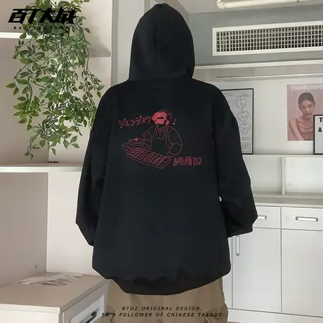 美式创意纯情DJ设计感印花连帽卫衣男春秋款潮牌正肩纯棉情侣上衣商品大图