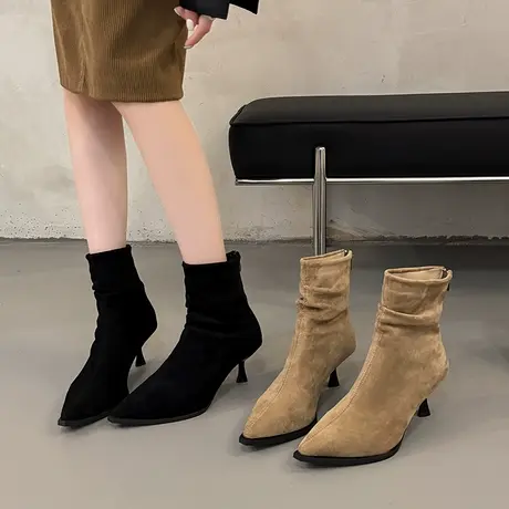 尖头细跟短靴女2025新款秋季气质百搭高跟靴子高级感小个子堆堆靴图片