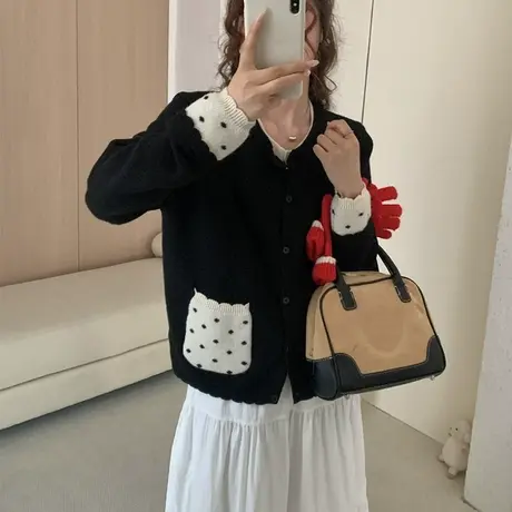 假两件撞色波点花边针织开衫女秋季新款圆领甜美减龄长袖毛衣外套商品大图