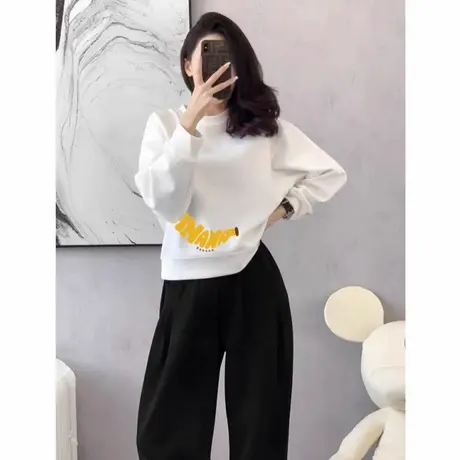 慵懒风短款白色卫衣女士2025新款秋冬圆领春秋宽松无帽薄款ins潮商品大图