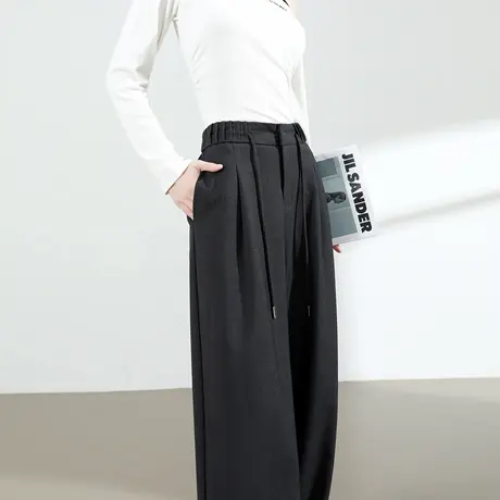 灰色休闲直筒裤女2025秋季新款高腰宽松显瘦垂感抽绳松紧腰阔腿裤商品大图
