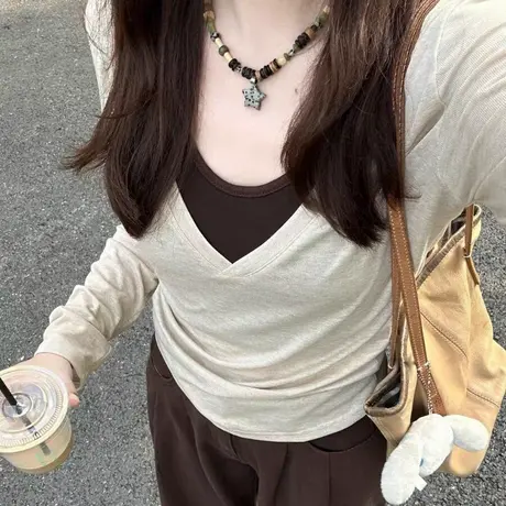韩系高级感正肩V领长袖T恤女早春秋修身韩版背心吊带两件套上衣潮商品大图