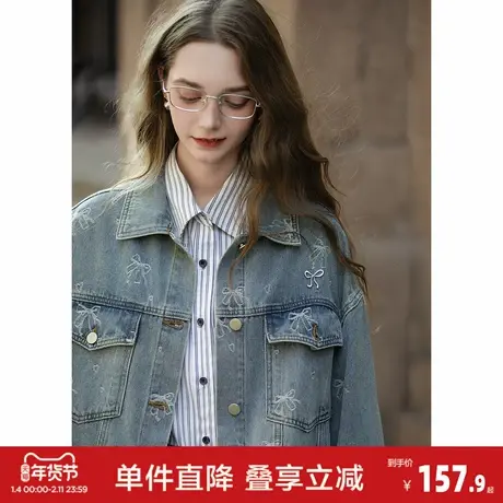 唐狮2026新款春秋季女薄外套百搭高级感甜酷风蝴蝶结满印牛仔外套商品大图