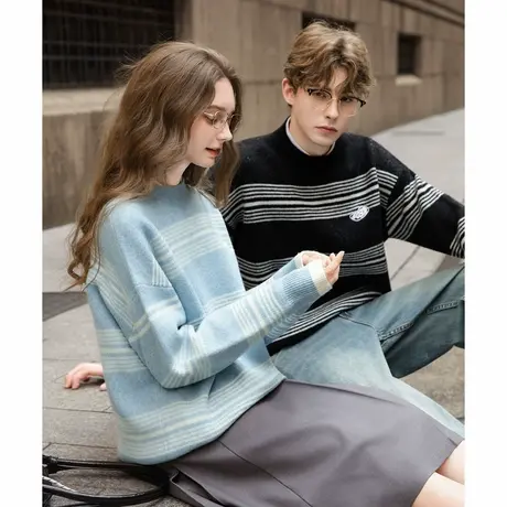 唐狮秋冬季情侣款毛衣圆领绣花条纹上衣休闲风超好看毛线衫TM图片