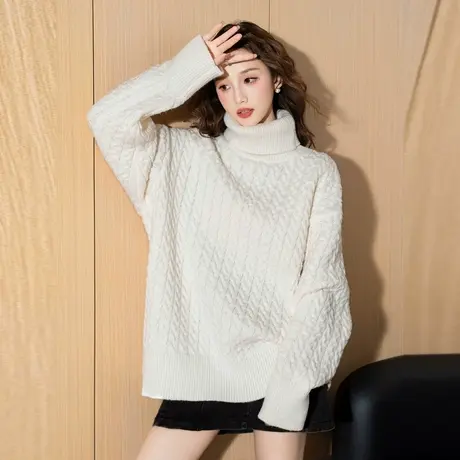 唐狮毛衣秋冬女净色高领绞花套头麻花毛线衫慵懒高级感冬季TE商品大图