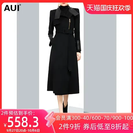 不规则设计感加厚西装毛呢外套女冬2023新款拼接pu皮过膝呢子大衣商品大图