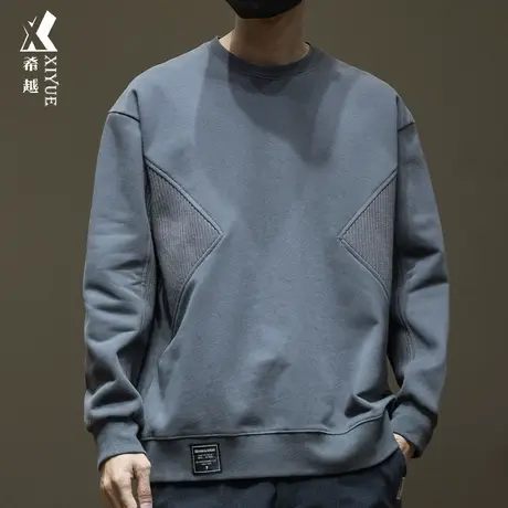 设计感拼接抓绒卫衣男秋冬季2023新款日系复古宽松大码内搭打底衫商品大图