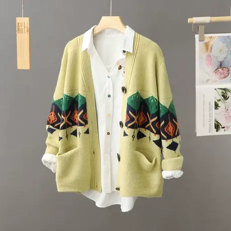 秋冬新款文艺提花针织衫女加厚宽松毛衣开衫慵懒风外套女长袖上衣图片