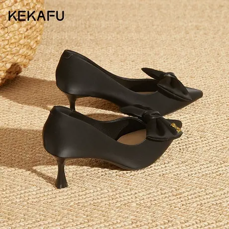 珂卡芙黑色高跟鞋女2023新款秋季细跟尖头蝴蝶结配裙子浅口单鞋女图片