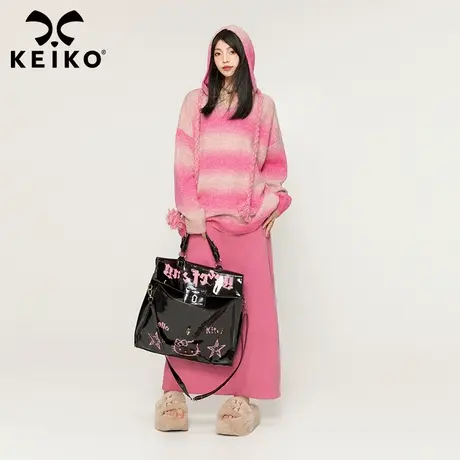 KEIKO 彩虹渐变色绒感毛衣女2023秋冬新慵懒风软糯连帽针织衫外套商品大图