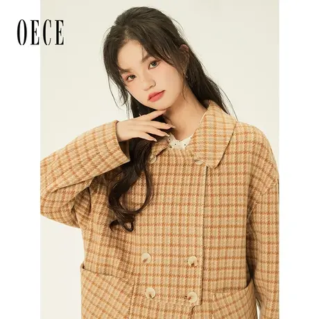 【双11新品】Oece复古格纹呢大衣2022冬季新款中长款双面毛呢外套商品大图