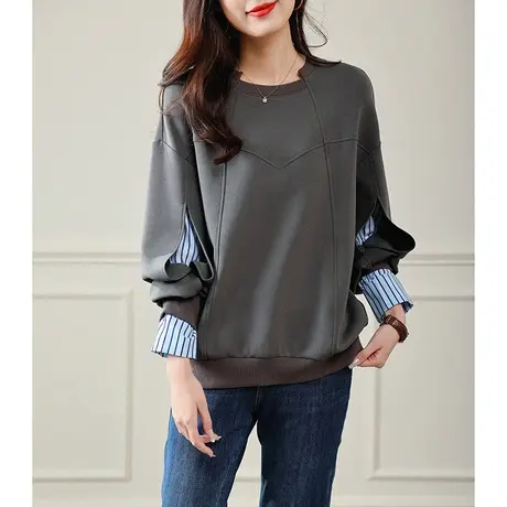 宝诗黎假两件条纹拼接卫衣2023设计感长袖秋季时尚韩版流行上衣女商品大图