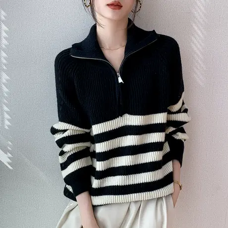 polo领长袖针织衫女2023秋冬新品加绒条纹毛衣内搭打底衫立领上衣商品大图