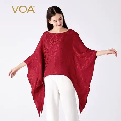 VOA桑蚕丝月牙提花酒红色圆领蝙蝠五分袖宽松简约百搭真丝T恤衫商品大图