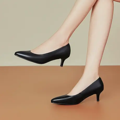 头层牛皮通勤百搭上班工作鞋尖头浅口单鞋女细跟中跟舒适透气女鞋图片