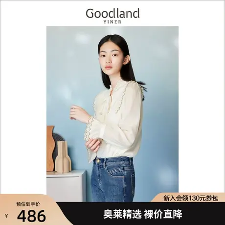 音儿美地女装2023春新款木耳花边喇叭袖飘带设计衬衫上衣图片