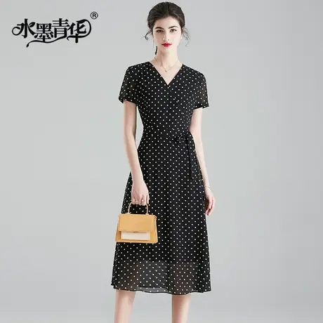 【1件7.9折】夏装新品显瘦V领修身大摆裙时尚波点印花雪纺连衣裙商品大图