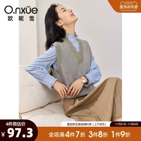 欧昵雪2024春秋新款马夹女简约减龄V领无袖宽松套头毛织马甲上衣图片