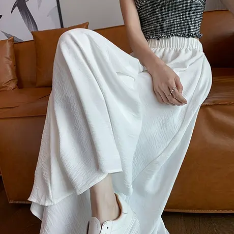 白色棉麻裙裤女夏季薄款a字小个子慵懒风高腰显瘦冰丝垂感阔腿裤商品大图