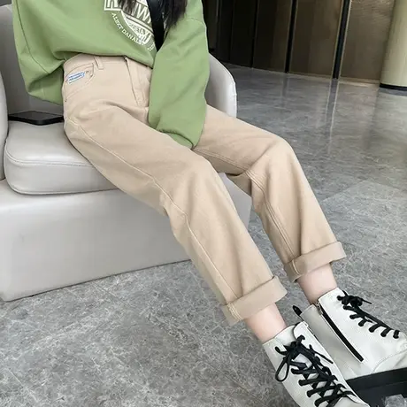 卡其色直筒牛仔裤女春秋季2024新款高腰显瘦裤子九分小个子烟管裤商品大图