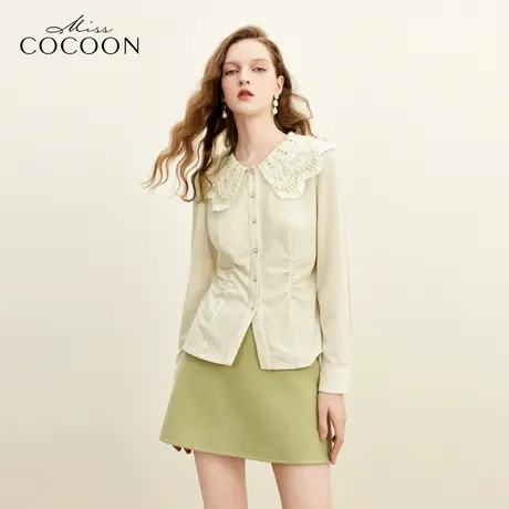 MISSCOCOON宽松中长款上衣2023冬季新女时尚撞色花边领褶皱衬衫图片