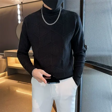 半高领毛衣男秋冬季2023新款纯色菱格提花修身毛线针织衫打底线衣商品大图
