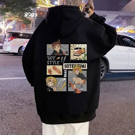 纯棉重磅连帽卫衣男春秋季新款加绒加厚上衣潮牌宽松卡通动漫外套图片