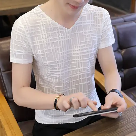 短袖T恤男夏装V领半袖青少年镂空上衣冰丝汗衫夏季帅气男装潮衣服商品大图