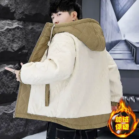 oversize冬季拼接颗粒绒外套男生潮牌连帽帅气加绒加厚羊羔毛夹克商品大图