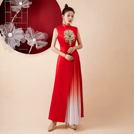 2022年舞台走秀旗袍演出服新款合唱无袖中国风优雅气质旗袍礼服商品大图