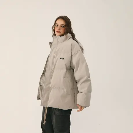 美式复古纯色立领棉服女冬季加厚外套新款宽松情侣装面包服棉衣潮商品大图