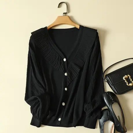 雪纺长袖冰丝针织开衫女春装2024年新款宽松上衣洋气蕾丝打底衫女图片