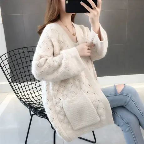 慵懒风针织开衫女宽松秋装新款很仙的外搭中长款毛衣外套春秋图片