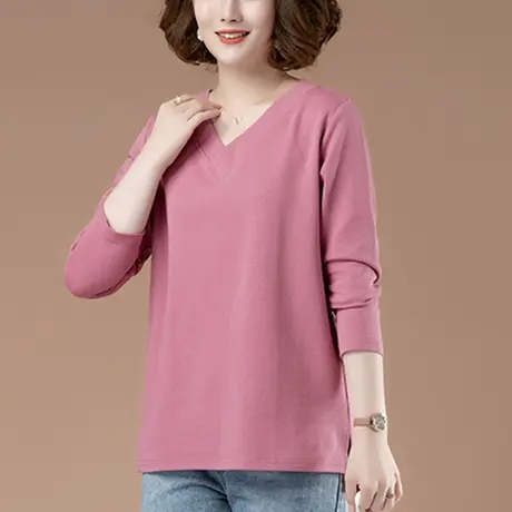 加肥加大码女装长袖t恤女春秋新款中年妈妈百搭纯色V领显瘦打底衫商品大图