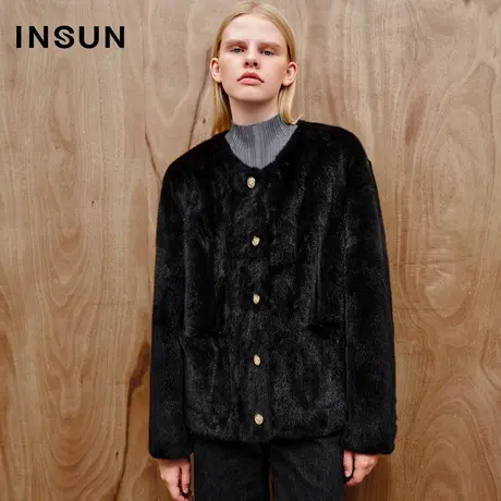 INSUN恩裳奥莱2023冬季天鹅绒皇冠水貂小香风皮草图片