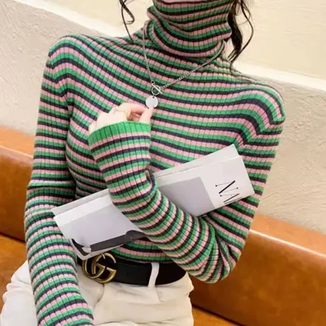 女士高领条纹毛衣女冬加厚宽松外穿2022年新款爆款时尚洋气秋慵懒商品大图