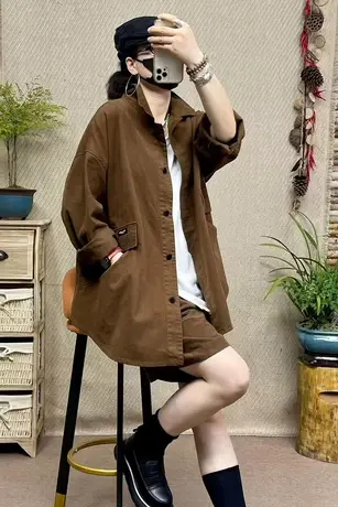 中长款秋季宽松衬衫外套女休闲纯色翻领单排扣新款纯色风衣开衫潮商品大图