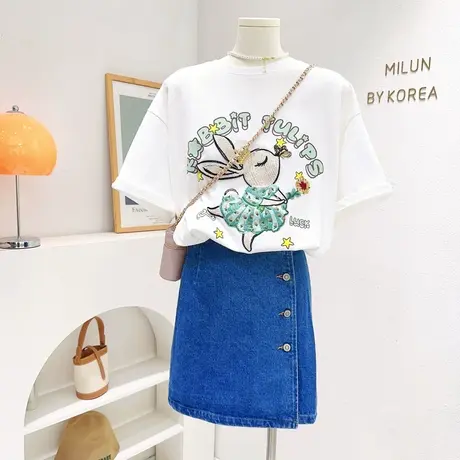 韩国东大门高级感别致独特上衣2023春夏重工短袖T恤欧货洋气大版商品大图