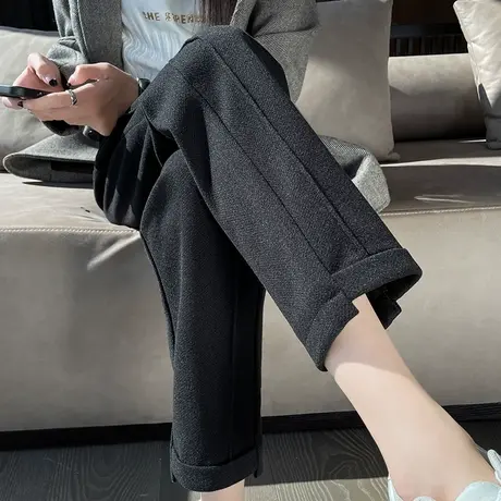 加绒黑色毛呢裤子女秋冬高腰休闲宽松直筒西装裤小个子九分烟管裤商品大图