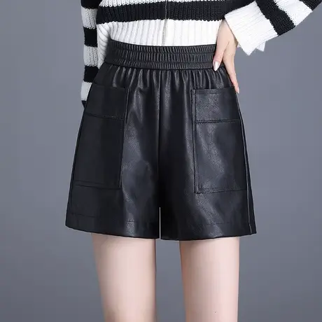 黑色口袋皮短裤女秋冬2023新款松紧高腰宽松阔腿皮裤百搭休闲裤子图片