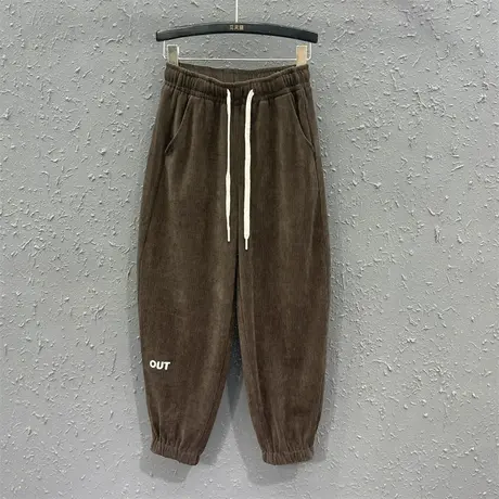 2023秋季新款咖啡色松紧腰萝卜裤设计感休闲百搭九分运动哈伦裤女图片