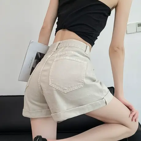 卷边牛仔短裤女夏季薄款高腰a字宽松显瘦小个子百搭阔腿辣妹热裤商品大图