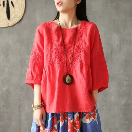 DZA重工刺绣圆领娃娃衫女士短袖棉麻上衣新款2022宽松百搭苎麻t恤商品大图