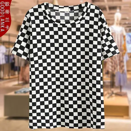 加肥加大码女遮肉短袖上衣棋盘格夏装新款中年妈妈洋气T恤衫200斤图片