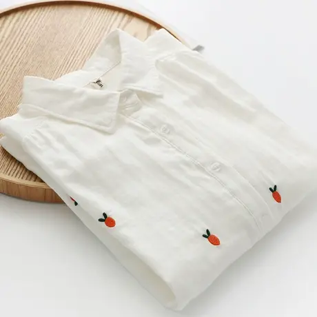 春装文艺小清新双层棉纱纯棉白色衬衫女长袖学生宽松刺绣打底衬衣商品大图