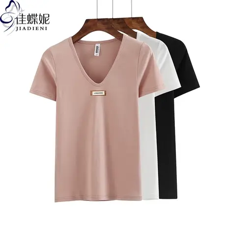 夏季新款韩版V领修身纯色图案标签简约体恤上衣内搭打底衫短袖女商品大图