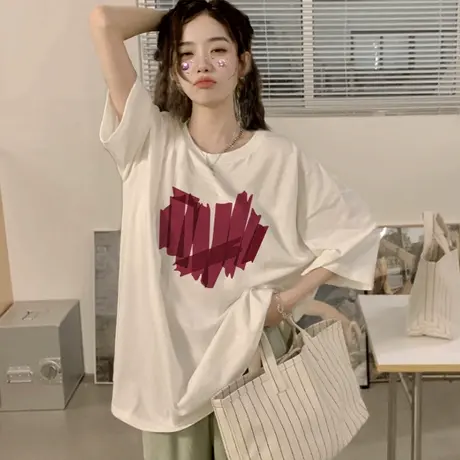 韩系百搭休闲t恤女chic复古印花短袖纯棉ins潮宽松大码学生上衣夏商品大图