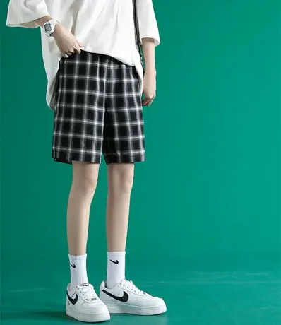 格子短裤女夏季薄款2024新款显瘦直筒宽松女休闲阔腿运动五分裤子商品大图