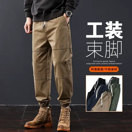 秋冬款男生纯棉束脚保暖休闲裤子冬季痞帅设计感美式潮牌高街工装商品大图