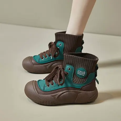 高帮鞋女2023年秋季新款弹力袜子靴女复古英伦风百搭瘦瘦休闲短靴商品大图